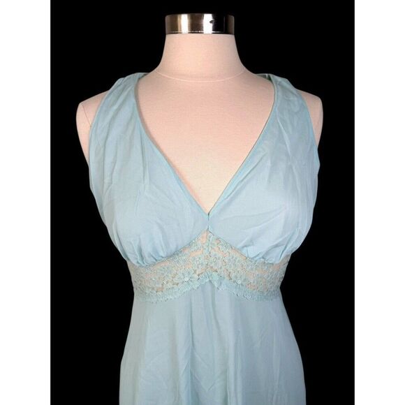 Vtg Blue Nylon JCPenny Nightgown Babydoll VNeck Lace Maxi Slip Coquette Lingerie - Picture 3 of 8